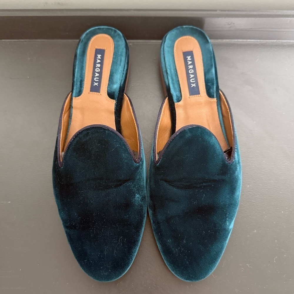 Margaux sapphire blue teal velvet loafer mule flat shoes - size 8.5 (38.5) - Picture 6 of 7